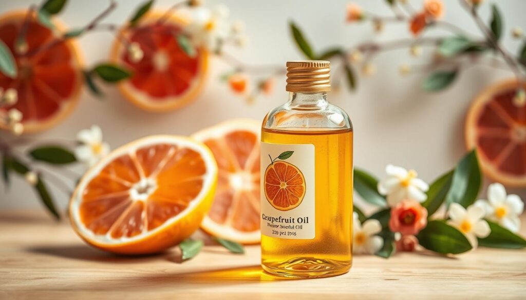 A glass bottle filled with golden-hued grapefruit essential oil, resting on a wooden surface. The bottle's label features a botanical illustration of a grapefruit, highlighting its therapeutic properties for skin and hair care. Soft, diffused lighting casts a warm, inviting glow, emphasizing the bottle's elegant design and the oil's alluring color. In the background, a delicate garland of fresh grapefruit slices, leaves, and flowers frames the scene, creating a natural, spa-like ambiance. The overall composition conveys the versatility and nourishing benefits of grapefruit essential oil for cosmetic applications.