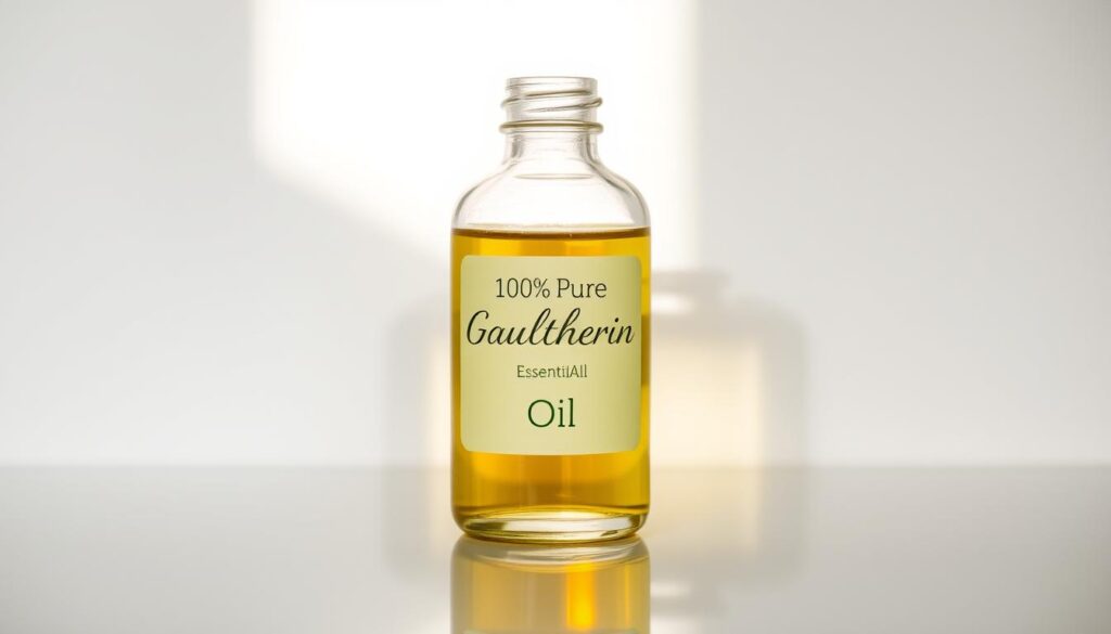 A glass bottle filled with pure, golden-hued wintergreen essential oil. The bottle is backlit, casting warm, soft shadows that accentuate the liquid's translucent quality. The label features the words "100% Pure Gaultheria Oil" in a crisp, elegant typeface. The bottle is placed on a smooth, reflective surface, creating a subtle mirrored effect. The lighting is natural and diffused, evoking a sense of purity and authenticity. The overall composition is clean, minimalist, and highlights the key details of the product.