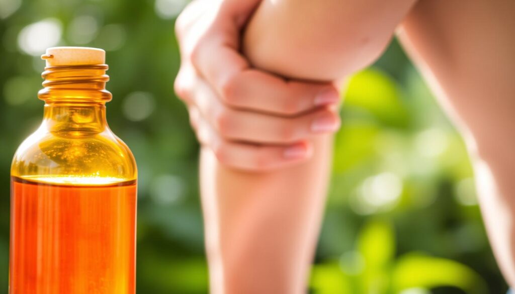 A glass bottle filled with rich, amber-colored clove essential oil stands prominently in the foreground, casting a warm, soft glow. In the middle ground, a muscular human hand gently massages the oil into the skin, creating an atmosphere of natural remedy and soothing relief. The background is a serene, blurred scene of lush greenery, suggesting the organic, herbal nature of the product. The lighting is natural, with subtle highlights accentuating the textures and details. The composition is balanced, with the bottle and hand positioned to draw the viewer's attention to the oil's topical applications for muscle pain.