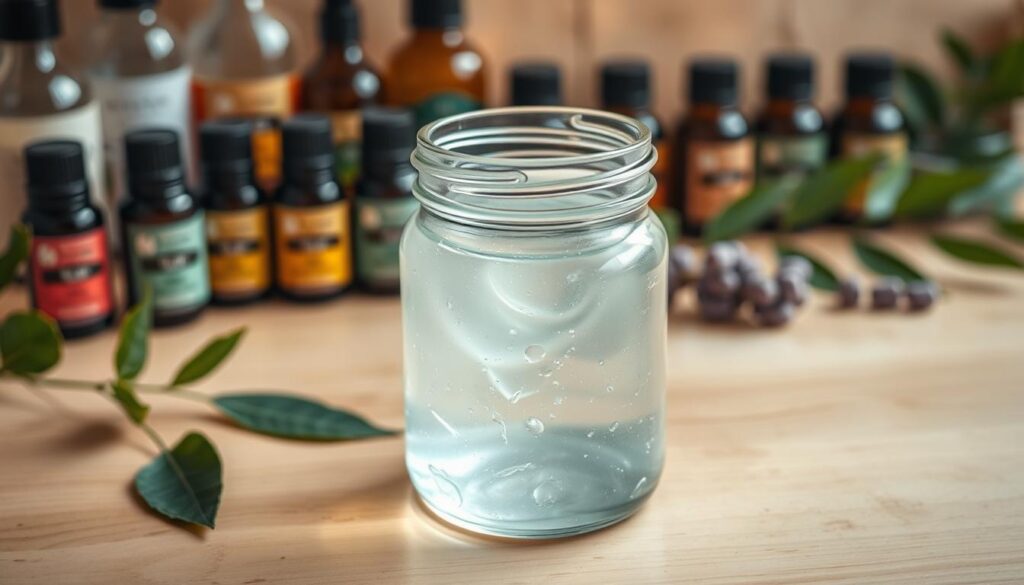 A glass jar filled with a translucent, viscous facial serum, resting on a wooden surface. The serum glistens under soft, warm lighting, reflecting the natural texture of the glass. In the background, an array of essential oil bottles and leaves from various plants create a soothing, spa-like atmosphere. The scene conveys a sense of care, self-care, and the pampering of a dry, winter-worn complexion.