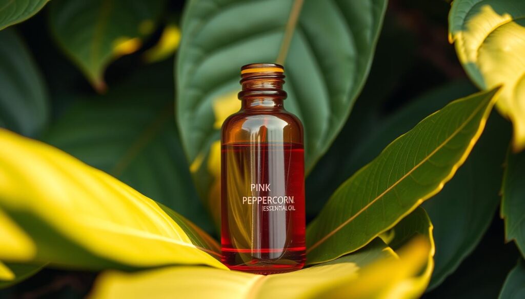 A high-quality, artisanal bottle of pink peppercorn essential oil, resting on a lush, green leafy background. The bottle is made of amber-colored glass, with a sleek, minimalist design that exudes sophistication. Soft, warm lighting from the side casts a gentle glow, highlighting the rich, deep-red hue of the oil. The composition is balanced, with the bottle centered and the leaves arranged in a natural, organic manner, creating a sense of harmony and tranquility. The overall mood is one of luxury, craftsmanship, and the serene beauty of nature.