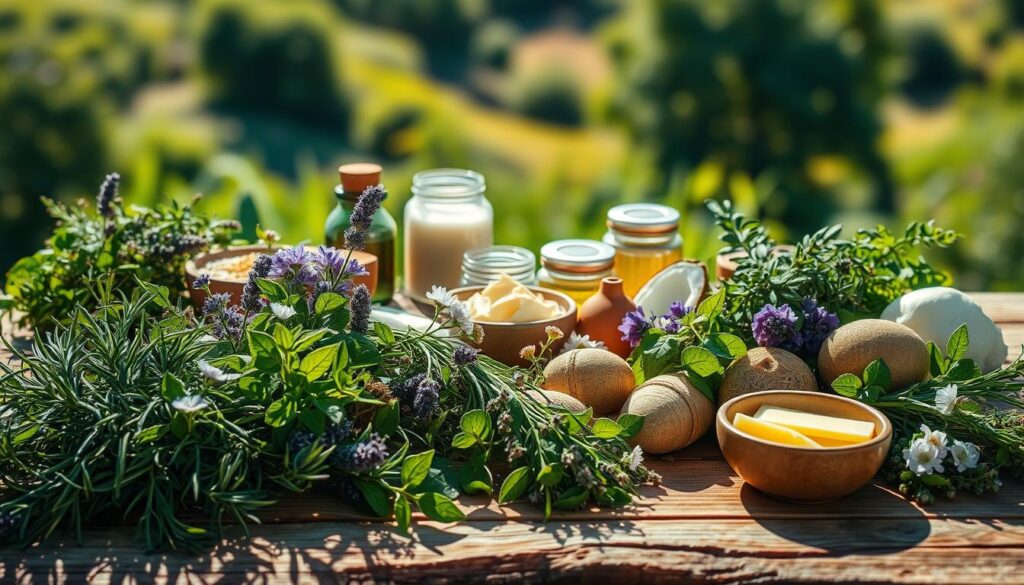 A lush, natural still life depicting an assortment of organic ingredients commonly used in natural cosmetics. In the foreground, a variety of vibrant, freshly harvested herbs and botanicals such as rosemary, lavender, and chamomile are arranged on a rustic wooden surface, casting long shadows under warm, diffused lighting. The middle ground features an array of earthy, unprocessed ingredients like shea butter, beeswax, and coconut oil in simple glass jars and ceramic bowls. In the background, a blurred, natural landscape with lush greenery suggests an idyllic, sustainable setting. The overall scene conveys a sense of purity, authenticity, and a connection to nature, reflecting the essence of natural cosmetics.