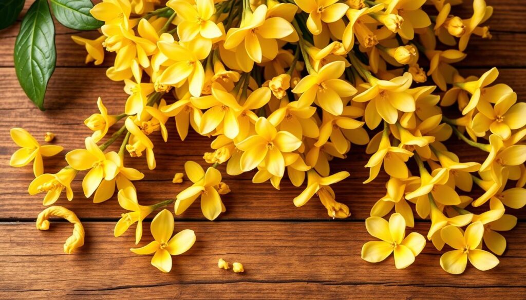 A lush, serene scene of ylang-ylang flowers cascading over a wooden table, their delicate petals and captivating fragrance inviting viewers to experience the natural beauty and therapeutic properties of this essential oil. The lighting is soft and diffused, highlighting the warm, golden tones of the flowers and the rich, earthy tones of the wood. The composition is balanced, with the flowers taking center stage, surrounded by a minimalist, yet elegant backdrop that allows the subject to shine. The overall mood is calming, tranquil, and celebrates the essence of ylang-ylang's restorative potential for healthy, vibrant hair.