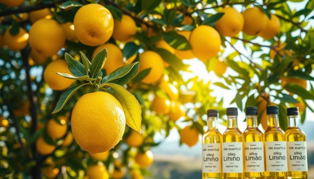 A lush, vibrant lemon tree in full bloom, its branches heavy with fragrant yellow fruit. Warm, natural sunlight filters through the leaves, casting a golden glow across the scene. In the foreground, a close-up of a single lemon, its waxy skin glistening with droplets of essential oil, inviting the viewer to inhale its citrusy aroma. The middle ground showcases a collection of glass bottles, each filled with the extracted essence of the lemon fruit, their labels prominently displaying the words "óleo essencial de limão". The background fades softly into a blurred, serene landscape, hinting at the tranquil setting where this premium essential oil is cultivated and harvested.