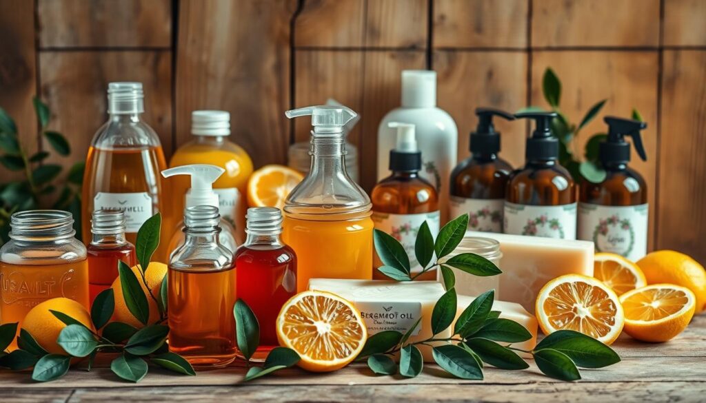 A lush, vibrant still life scene featuring a variety of homemade cleaning and beauty products infused with the warm, citrusy aroma of bergamot essential oil. In the foreground, a collection of clear glass bottles and jars filled with amber-hued liquids, artfully arranged alongside small bunches of fresh bergamot leaves and sliced citrus fruit. The middle ground reveals an assortment of handcrafted soaps, scrubs, and lotions, their labels adorned with delicate floral patterns. The background depicts a softly lit, rustic wooden surface, creating a cozy, inviting atmosphere. Soft, diffused lighting casts gentle shadows, enhancing the natural tones and textures of the scene. The overall mood is one of homemade luxury, showcasing the versatility and alluring properties of bergamot oil in homemade personal care and cleaning products.