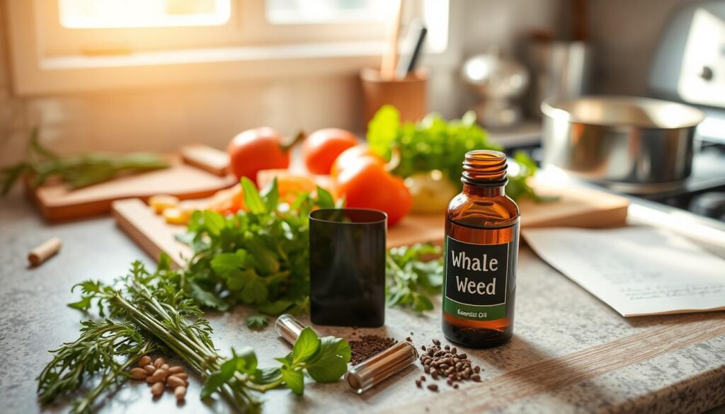 A neatly arranged kitchen countertop, adorned with an assortment of fresh herbs, spices, and a bottle of essential oil labeled "Whale Weed". A cutting board with chopped vegetables, a saucepan simmering on the stove, and a hand-written recipe card nearby. Warm, natural lighting filters through the window, casting a cozy glow over the scene. The atmosphere exudes a sense of homely, rustic charm, inviting the viewer to imagine the delicious, healthful dishes that can be created with the aid of this versatile essential oil.