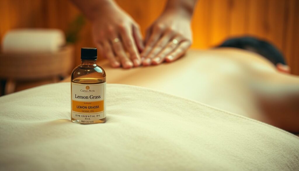 A peaceful and tranquil spa scene featuring a close-up view of hands gently massaging lemon grass essential oil into a person's back. The massage table is made of smooth wood, draped with soft, neutral-colored linens. Warm, diffused lighting casts a golden glow, creating a relaxing ambiance. The essential oil bottle is prominently displayed, its label clearly visible. The person receiving the massage is not shown, emphasizing the focus on the massage technique and the calming effects of the lemon grass oil. The overall mood is one of deep relaxation and mindfulness.