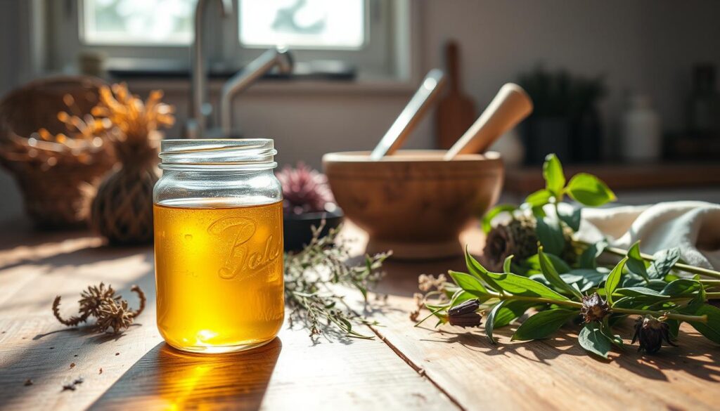 A rustic wooden kitchen counter, its surface adorned with an array of homemade skin care products made with ozonized oil. In the foreground, a glass jar filled with the golden, ethereal liquid, surrounded by freshly harvested herbs and botanicals. Sunlight filters in through a nearby window, casting a warm, natural glow across the scene. In the middle ground, a mortar and pestle stands ready, hinting at the artisanal process of creating these nourishing, handcrafted remedies. The background features a simple, minimalist decor, allowing the focus to remain on the ozonized oil-based recipes and the care and attention that has gone into their preparation. The overall mood is one of rustic simplicity, highlighting the purity and efficacy of these homemade skincare solutions.