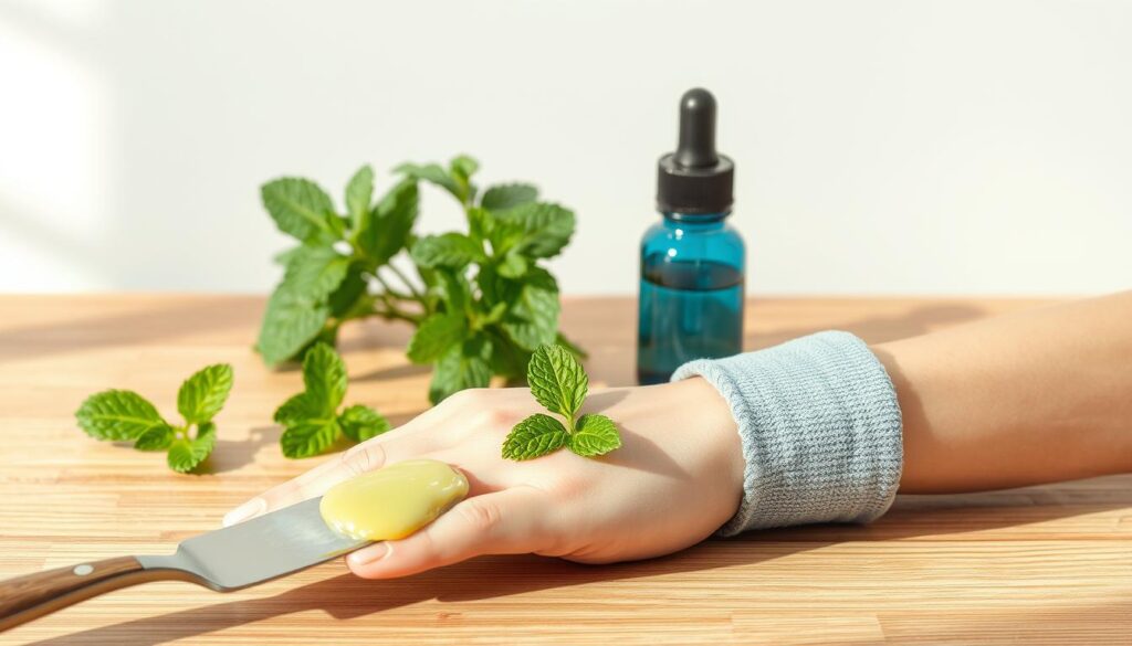 A serene and clean-lined still life showcasing various topical applications of peppermint essential oil. In the foreground, a palette knife spreads a dab of peppermint salve onto a bandaged hand, the skin glowing with healthy recovery. In the midground, a glass dropper bottle and several sprigs of fresh peppermint leaves rest atop a polished wooden table. Soft, natural lighting filters in from the left, casting gentle shadows and highlights that accentuate the textures. The background fades into a calming, neutral-toned backdrop, allowing the key elements to take center stage. The overall mood is one of soothing, restorative wellness.