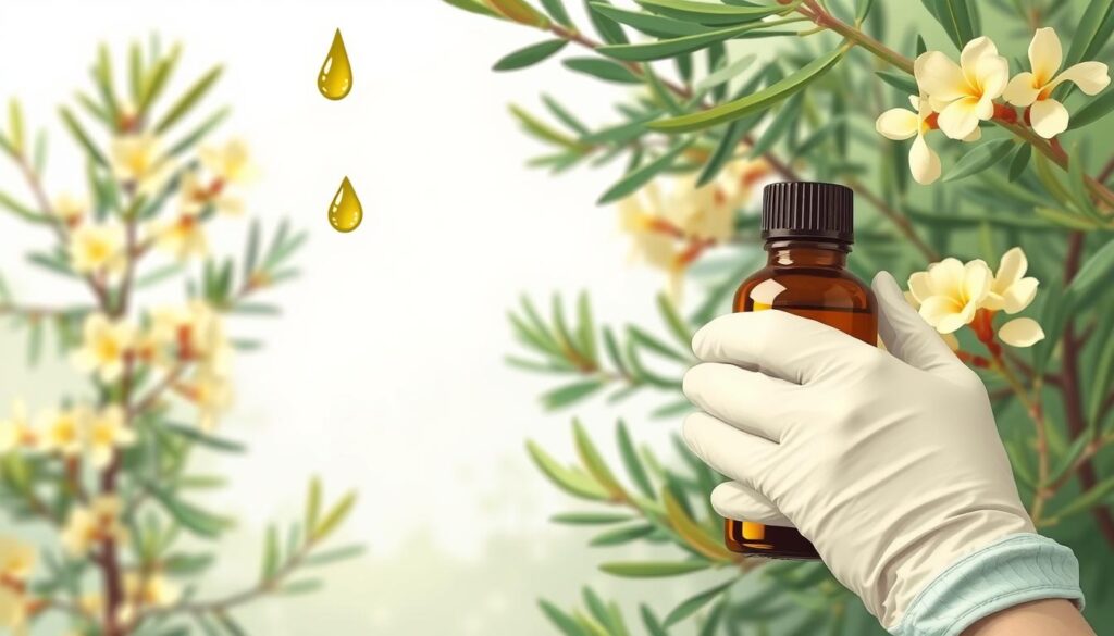 A serene and detailed illustration of essential oil precautions, depicting a stylized melaleuca (tea tree) plant. The foreground shows an open bottle of melaleuca oil, with liquid droplets suspended in the air. In the middle ground, hands wearing protective gloves handle the oil bottle carefully. The background features a lush, natural setting with other melaleuca plants, conveying a sense of responsible use and respect for the essential oil's potency. The lighting is soft and diffused, creating an atmosphere of thoughtfulness and safety. The overall composition emphasizes the need for proper precautions when using this powerful botanical extract.