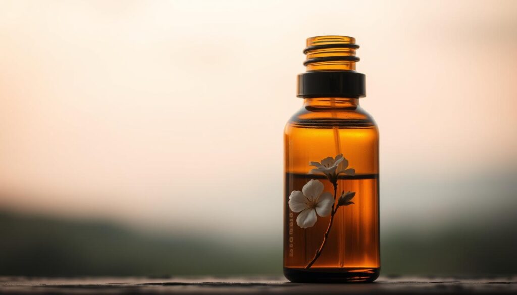 A serene and tranquil scene depicting a bottle of geranium essential oil against a soft, blurred background. The bottle is positioned in the foreground, capturing the warm, earthy hues of the amber glass and the delicate floral essence within. The lighting is gentle, creating a sense of soothing calm and emotional balance. The background is a muted, pastel-toned landscape, evoking a sense of natural harmony and well-being. The overall atmosphere is one of peaceful relaxation and mindfulness, inviting the viewer to experience the therapeutic properties of geranium essential oil.