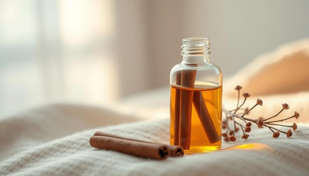A serene and tranquil scene depicting a glass bottle filled with warm, golden-hued cinnamon essential oil, resting atop a soft, earthy-toned surface. The bottle is illuminated by gentle, diffused natural lighting, casting a cozy and inviting glow. Surrounding the bottle are delicate sprigs of cinnamon sticks, their rich, redwood hues complementing the oil's amber tones. The overall atmosphere evokes a sense of comfort, relaxation, and emotional well-being, capturing the essence of cinnamon's therapeutic properties.