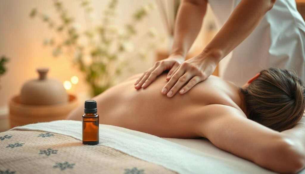 A serene and tranquil scene of a person receiving a relaxing massage with essential oil of fennel. In the foreground, a woman's hands gently knead and massage fragrant fennel oil into the shoulders and back of a client lying on a massage table. The scene is bathed in warm, soft lighting, creating a calming and soothing atmosphere. In the background, a subtle blur of plants and natural elements, suggesting a peaceful, spa-like environment. The focus is on the massage technique and the therapeutic benefits of fennel oil, conveying a sense of wellbeing and relaxation.