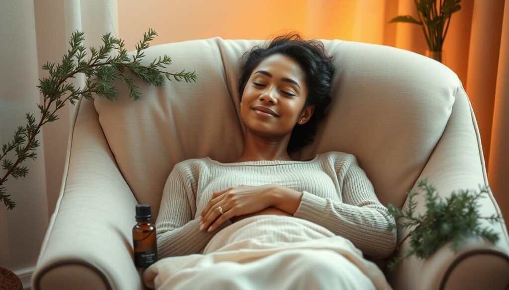 A serene figure reclining in a cozy armchair, surrounded by a harmonious arrangement of juniper branches and essential oil diffuser. Warm, ambient lighting casts a gentle glow, creating a tranquil atmosphere. The subject's expression emanates a sense of deep relaxation and inner peace, inviting the viewer to experience the calming benefits of juniper essential oil. Soft, muted tones predominate, with accents of earthy greens and browns complementing the soothing mood. The composition is balanced and aesthetically pleasing, drawing the eye to the central figure and evoking feelings of well-being and emotional restoration.