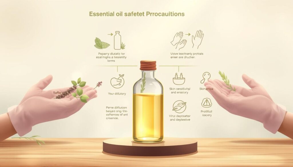 A serene, minimalist illustration depicting essential oil safety precautions. In the foreground, a glass bottle of essential oil sits atop a wooden surface, the liquid within glowing softly. Surrounding it, hands in protective gloves gently hold various herbs and botanicals. In the middle ground, diagrams and icons illustrate proper dilution, skin sensitivity, and other cautionary information. The background features a muted, nature-inspired palette with soft, diffused lighting, creating a calming, educational atmosphere.