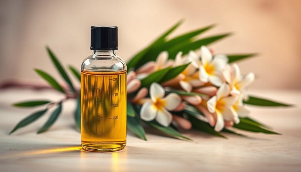A serene scene of aromatherapy with palmarosa essential oil. In the foreground, a glass bottle filled with the golden-hued oil rests on a light wooden surface, its tranquil surface reflecting the warm lighting. In the middle ground, a cluster of fresh palmarosa leaves and flowers, their delicate petals and lush greenery adding a natural, earthy element. The background softly blurs, allowing the focus to remain on the essential oil and its botanical source. The overall mood is one of calming, therapeutic elegance, perfectly capturing the essence of palmarosa-based aromatherapy.