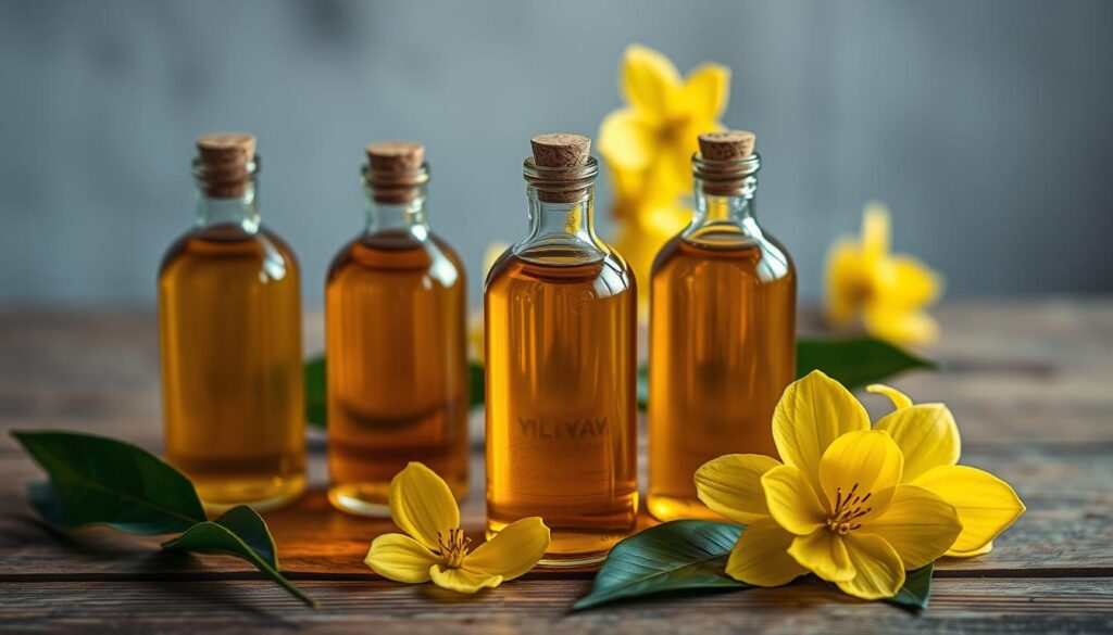 A serene, softly lit scene depicting several glass bottles containing the golden-hued essential oil of ylang-ylang. The bottles are arranged on a wooden surface, accompanied by a few fresh ylang-ylang flowers and leaves. The composition conveys a sense of tranquility and natural beauty, highlighting the care and precautions necessary when using this potent oil. Subtle lighting accentuates the oil's rich color and the delicate petals of the flowers. The overall atmosphere emphasizes the importance of responsible and informed usage of this essential oil.