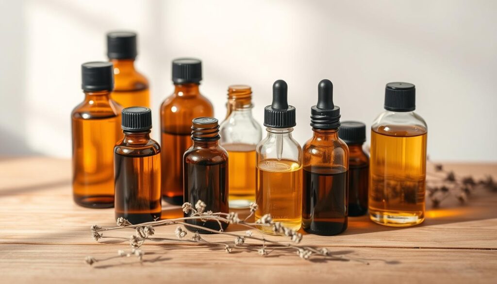 A serene still life arrangement featuring an assortment of essential oils in glass bottles, positioned on a wooden surface. The bottles are filled with various amber, golden, and earthy-toned liquids, conveying the natural and restorative properties of these botanical extracts. Soft, diffused lighting gently illuminates the scene, creating a calming and inviting atmosphere. The arrangement is complemented by delicate sprigs of dried herbs or flowers, hinting at the nourishing and rejuvenating benefits of these oils for mature skin. The overall composition evokes a sense of tranquility and wellness, reflecting the care and consideration required when using essential oils on mature complexions.