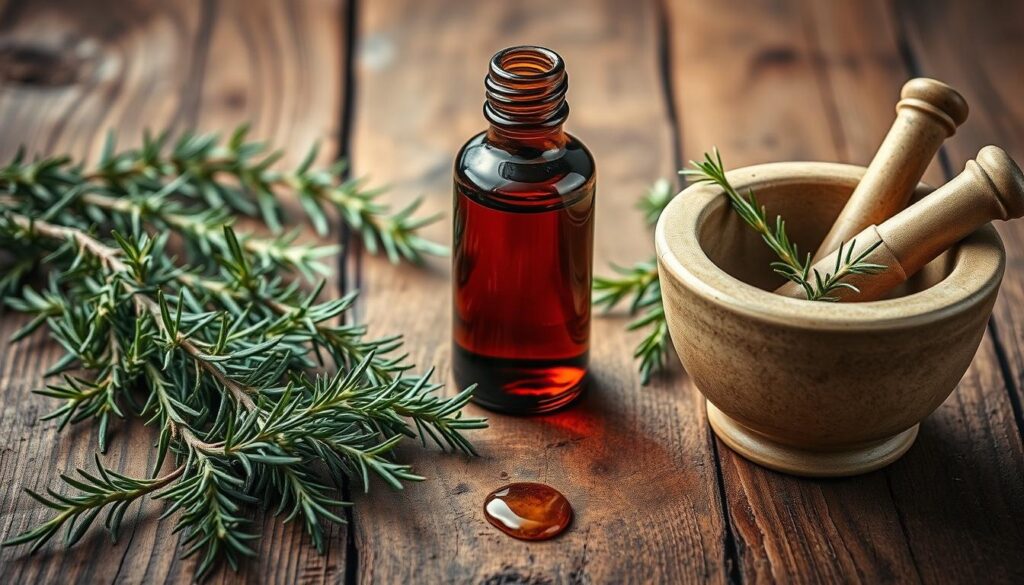 A serene still life capturing the essence of rosemary essential oil. Arrange a glass bottle of deep amber liquid on a rustic wooden surface, surrounded by fresh rosemary sprigs, dried rosemary leaves, and a few gentle drops of the oil. Capture the scene with soft, warm lighting, creating a contemplative mood. Include a mortar and pestle in the middle ground, hinting at the careful distillation process. Emphasize the natural, herbal qualities of the subject, avoiding any distracting elements. Convey the thoughtful, cautious tone required when handling essential oils.
