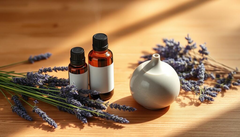 A serene vignette depicting lavender essential oil bottles, dried lavender sprigs, and a ceramic diffuser on a natural wood surface. Soft, warm lighting illuminates the arrangement, casting gentle shadows. The scene evokes a tranquil atmosphere, reflecting the calming, therapeutic properties of lavender aromatherapy. The composition is balanced, with the bottles and diffuser forming the focal point, surrounded by the delicate lavender accents. The overall aesthetic is clean, minimalist, and inviting, showcasing the essential oil's versatility and natural appeal.