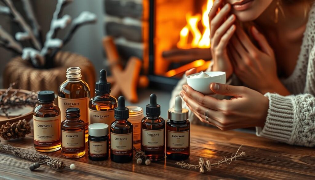 A serene winter scene showcasing a complete skincare routine for dry, dehydrated skin. In the foreground, various essential oils and moisturizing products are artfully arranged on a wooden surface, their amber hues and organic textures creating a warm, inviting atmosphere. The middle ground features a model's hands gently applying a nourishing face cream, their skin glowing with a healthy, hydrated radiance. In the background, a cozy fireplace sets the mood, its gentle flames casting a soft, ambient light across the scene. The overall composition conveys a sense of tranquility, self-care, and the restorative power of a winter skincare regimen.