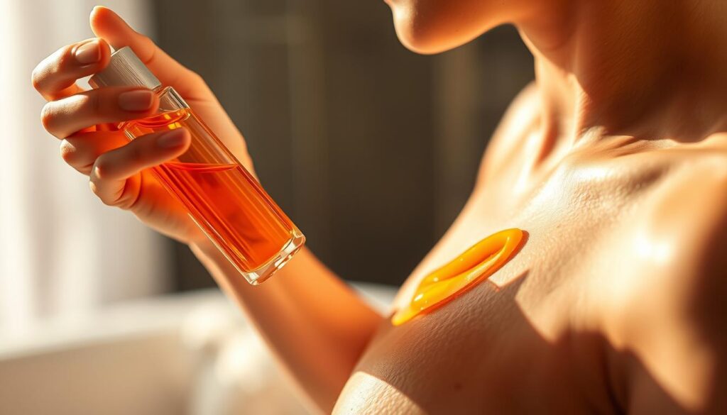A soft-focus close-up of a woman's hands applying a luxurious orange-scented body oil to her skin, the warm glow of natural light highlighting the rich, vibrant color of the liquid and the healthy glow it imparts. The foreground is in sharp focus, drawing the viewer's attention to the delicate, sensual application. The background is softly blurred, suggesting a serene, spa-like setting. The overall mood is one of pampering, relaxation, and the restorative power of nature's essential oils.