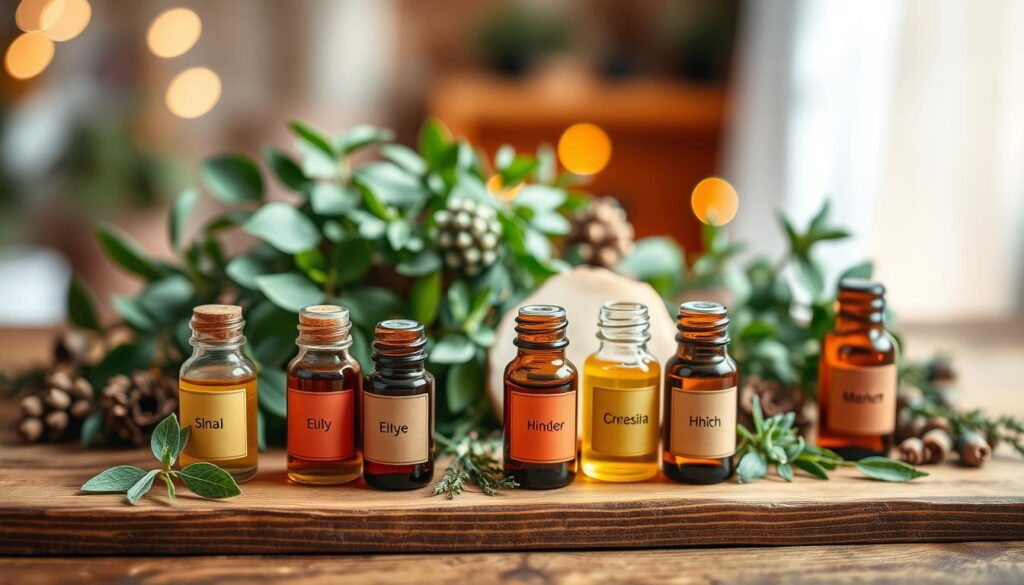 A still life arrangement of various essential oils for treating stretch marks, displayed on a wooden surface. The foreground features several small glass bottles with colorful liquids, arranged in a visually appealing composition. The middle ground includes green leaves, herbs, and other natural elements that complement the oils. The background is softly blurred, with warm lighting creating a cozy, inviting atmosphere. The overall scene evokes a sense of wellness, natural remedies, and self-care. The lighting is soft and diffused, enhancing the natural textures and colors of the ingredients. The camera angle is slightly elevated, providing a compositional view that showcases the arrangement in an aesthetically pleasing manner.