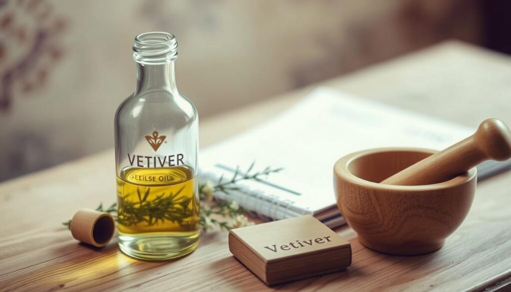 A still life depicting essential oil precautions, featuring a glass bottle of vetiver oil, accompanied by a mortar and pestle, and a small notebook. The scene is softly lit, with a warm, earthy color palette, conveying a sense of thoughtfulness and care. The background is blurred, placing emphasis on the foreground objects. The angle is slightly elevated, creating a sense of contemplation. The overall mood is one of mindfulness and attention to detail, reflecting the importance of responsible use of this natural remedy.