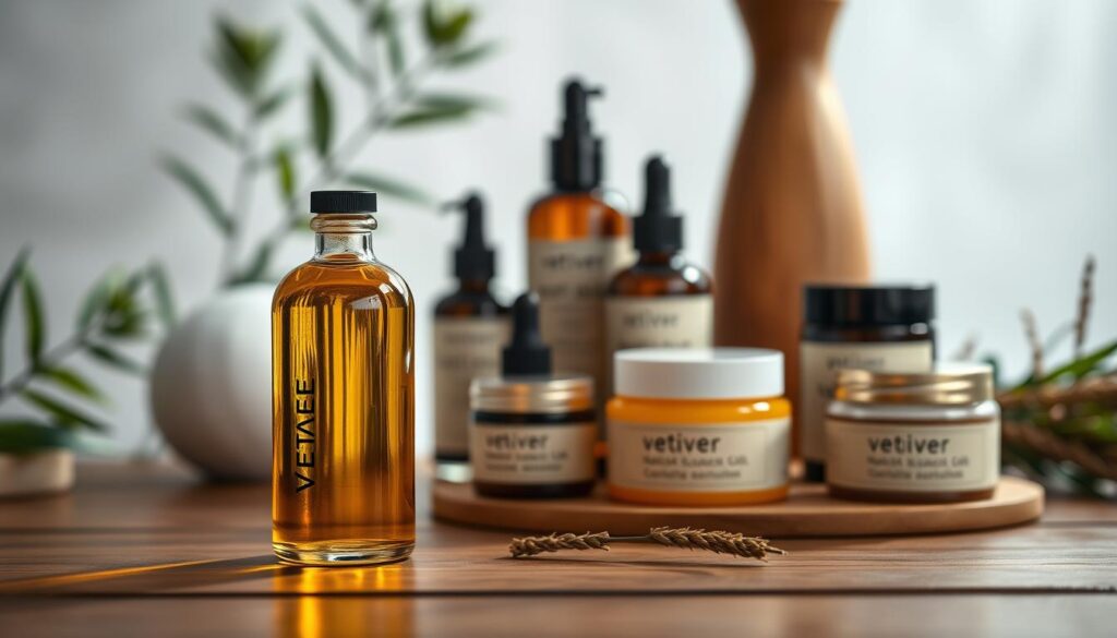 A tranquil scene of a cosmetics arrangement featuring the essential oil of vetiver. In the foreground, glass bottles filled with golden-hued vetiver oil stand elegantly on a minimalist wooden surface, casting warm reflections. In the middle ground, a collection of natural skincare products - creams, serums, and balms - are artfully displayed, their packaging incorporating the earthy, grounding tones of vetiver. The background is softly blurred, suggesting a serene, spa-like atmosphere with hints of greenery, evoking the natural origins of this versatile ingredient. Soft, diffused lighting illuminates the scene, highlighting the luxurious textures and natural appeal of the vetiver-infused cosmetics.