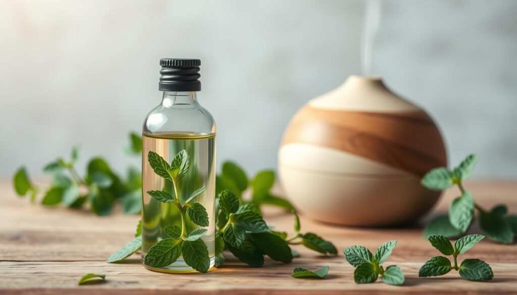 A tranquil scene of aromatherapy with peppermint essential oil. In the foreground, a glass bottle filled with clear peppermint oil stands atop a wooden surface. Surrounding it, fresh peppermint leaves and sprigs, their vibrant green hues creating a natural, soothing atmosphere. In the middle ground, a ceramic diffuser emits delicate wisps of aromatic steam, casting a gentle glow. The background features a softly blurred, neutral-toned wall, allowing the natural elements to take center stage. Soft, natural lighting illuminates the scene, evoking a sense of relaxation and well-being. The overall mood is one of tranquility, mindfulness, and the restorative power of peppermint aromatherapy.