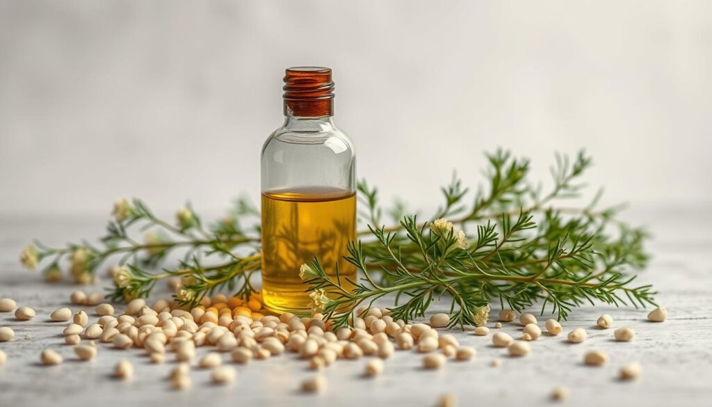 A tranquil still life scene depicting a glass bottle of pure essential oil of fennel. The bottle is backlit, casting a warm glow, and surrounded by scattered fennel seeds, leaves, and sprigs. The composition is balanced and serene, conveying the natural, calming essence of this herbal oil. Soft, diffused lighting illuminates the scene, highlighting the delicate textures and earthy tones. The image evokes a sense of purity, safety, and gentle care, appropriate for a section on the precautions and contraindications of using fennel essential oil.