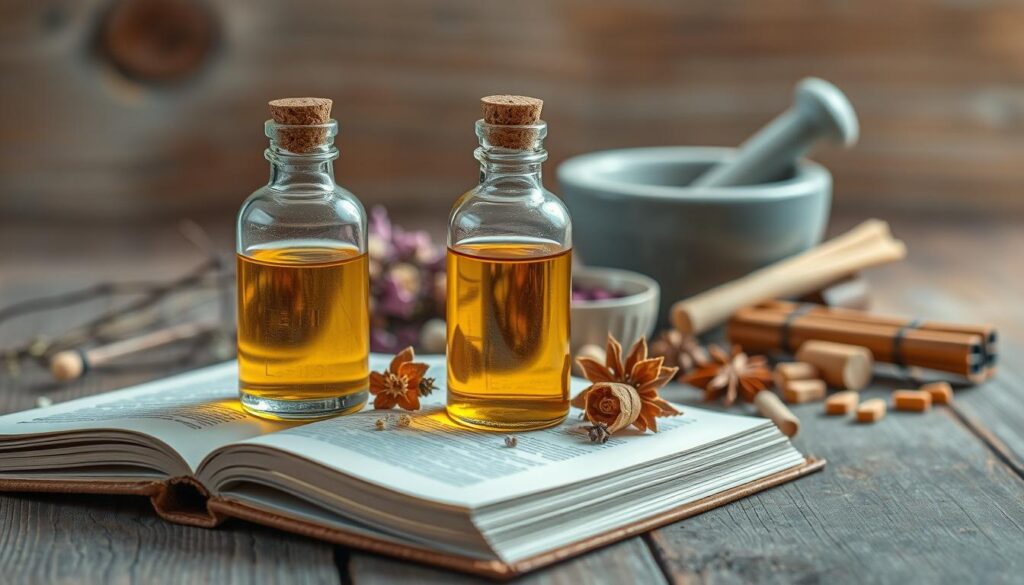 A tranquil still-life scene depicting precautions for essential Frankincense oil. In the foreground, a glass bottle of Frankincense oil sits atop an open book, its pages gently ruffled. Surrounding the bottle, an arrangement of dried herbs, flowers, and spices associated with the oil's use. In the middle ground, a mortar and pestle, a small ceramic dish, and a few dried Frankincense resin pieces. The background is softly blurred, hinting at the warm, earthy tones of a rustic wooden surface. Diffused natural lighting illuminates the scene, casting subtle shadows and highlighting the textures of the materials. An aura of contemplation and care pervades the image, reflecting the need for responsible, mindful use of this precious essential oil.