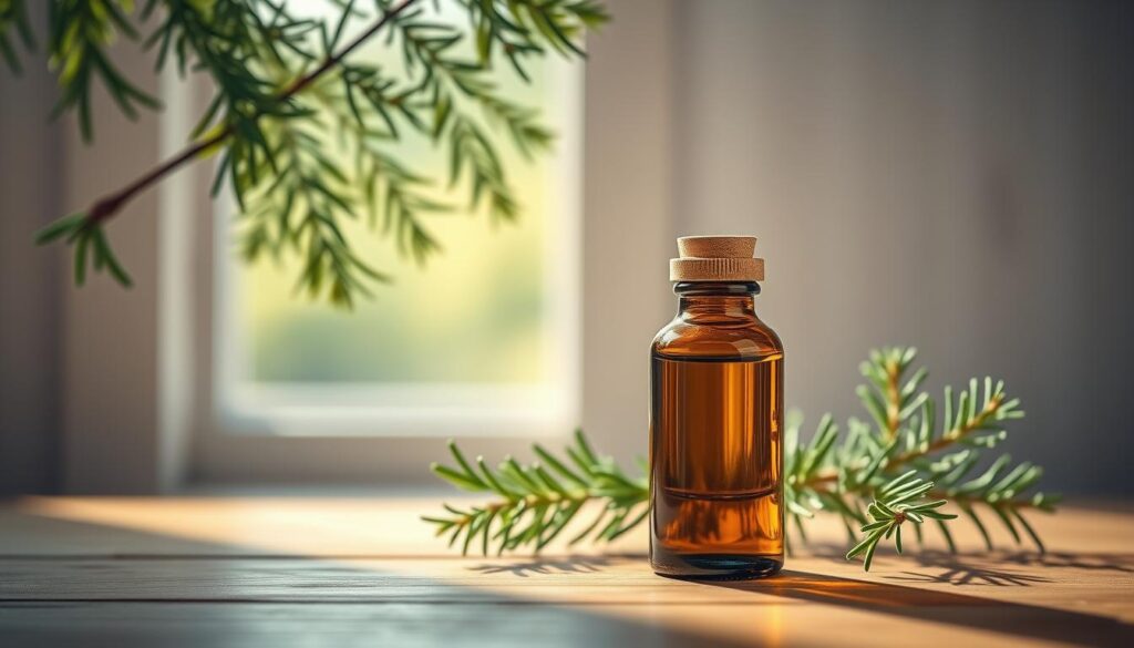 A tranquil still life scene showcasing a bottle of cypress essential oil. In the foreground, the glass bottle with a wooden cap sits atop a natural wooden surface, reflecting the warm, earthy tones of the environment. The lighting is soft and diffused, creating a calming, atmospheric ambiance. In the middle ground, lush, verdant cypress foliage frames the bottle, suggesting the botanical origins of the oil. The background features a soothing, muted color palette, perhaps a neutral wall or a window overlooking a serene natural landscape. The overall composition evokes a sense of serenity and wellness, inviting the viewer to imagine the therapeutic applications of cypress essential oil in an aromatherapy setting.