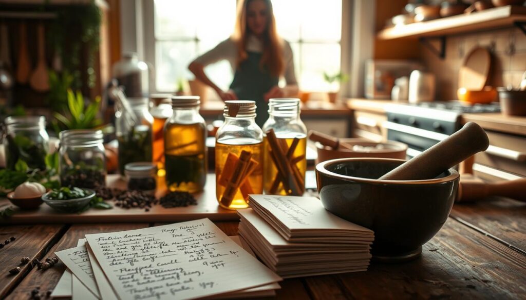 A warm, cozy kitchen with natural light filtering through the windows. On a rustic wooden table, a collection of glass jars filled with fragrant Frankincense essential oil, surrounded by various kitchen ingredients like herbs, spices, and a mortar and pestle. In the foreground, a stack of handwritten recipe cards, while in the background, the silhouette of a person preparing a Frankincense-infused dish. The scene exudes a sense of calm, inviting the viewer to explore practical, domestic uses for this ancient aromatic oil.
