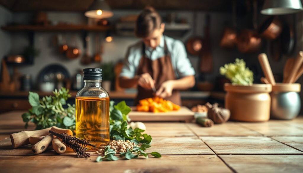 A warm, inviting kitchen scene with a wooden table in the foreground featuring a variety of essential oil ingredients, including a glass bottle of pure, golden-hued myrrh essential oil, accompanied by fresh herbs, spices, and other natural elements. In the middle ground, a skilled cook is carefully crafting a culinary creation, their focus and attention evident. The background depicts a cozy, well-lit kitchen environment, with copper pots and pans hanging on the walls, subtle lighting creating a soft, ambient glow. The overall atmosphere conveys a sense of rustic elegance, highlighting the versatility and benefits of myrrh essential oil in practical, home-cooked recipes.
