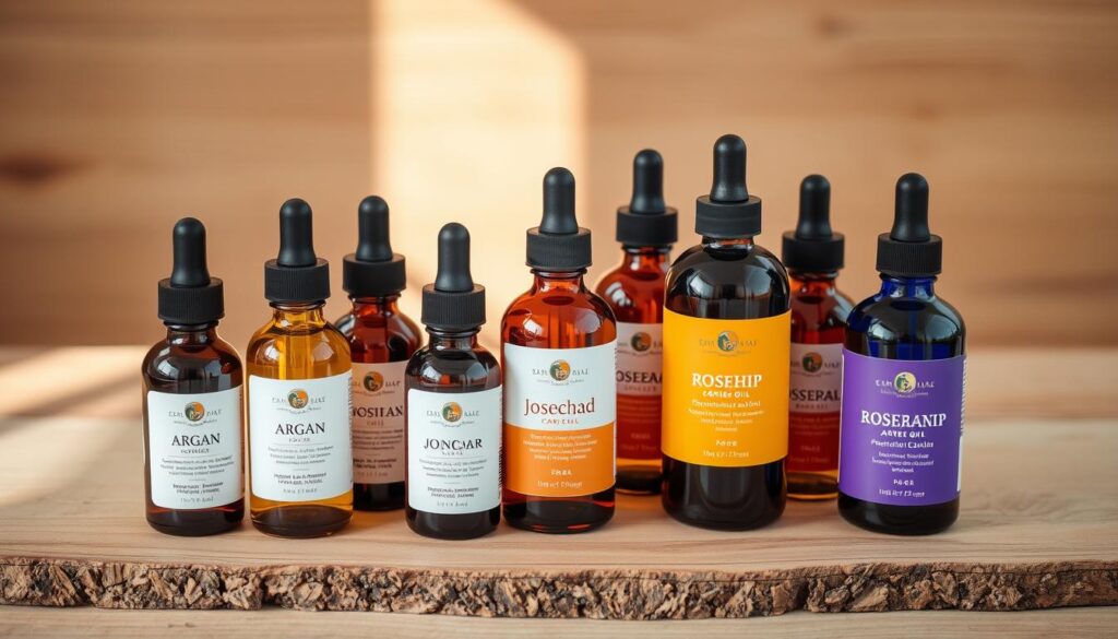 An assortment of essential carrier oils meticulously arranged on a natural wood surface, highlighted by soft, diffused lighting that creates a warm, serene atmosphere. The oils, including argan, rosehip, and jojoba, are presented in elegant glass bottles, their labels showcasing their suitability for mature skin. The composition emphasizes the nourishing and rejuvenating properties of these premium oils, inviting the viewer to discover their transformative potential for radiant, youthful-looking skin.