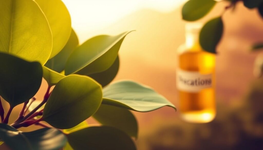 An image of precautions for eucalyptus essential oil, set against a warm, earthy background. A close-up shot of several eucalyptus leaves in the foreground, their vibrant green hues contrasting with the amber tones of the background. The leaves are gently backlit, casting delicate shadows and highlighting their intricate textures. In the middle ground, a glass bottle filled with a golden-colored liquid, representing the concentrated eucalyptus oil, is partially visible, its label blurred but hinting at the text "Precautions". The background is a soft, blurred landscape, perhaps a forested area or a mountainous terrain, evoking the natural environment from which the eucalyptus is harvested. The overall mood is one of caution and thoughtfulness, encouraging the viewer to consider the responsible use of this powerful botanical extract.