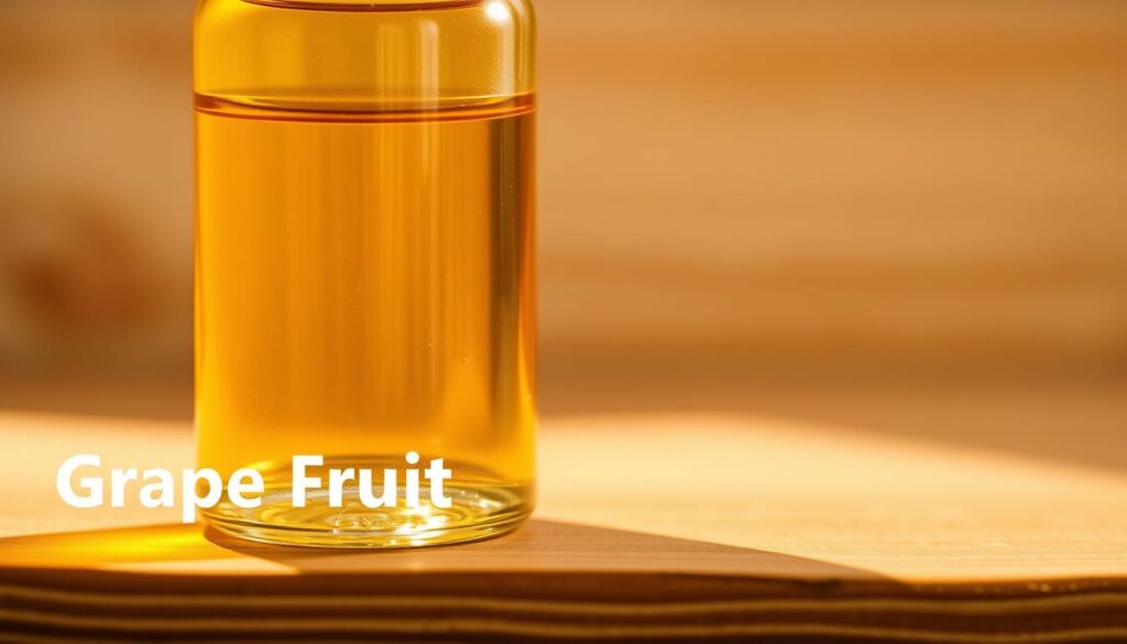 Detailed close-up image of a glass bottle filled with golden-yellow essential oil, capturing the rich, vibrant color and viscosity of the grape fruit essential oil. The bottle is placed on a simple wooden surface, with a minimal, clean background that allows the product to be the focal point. Warm, natural lighting casts a soft, ambient glow on the scene, highlighting the oil's transparency and luster. The composition emphasizes the purity and quality of the ingredient, conveying a sense of natural wellness and everyday practicality for the featured section on grape fruit essential oil recipes.