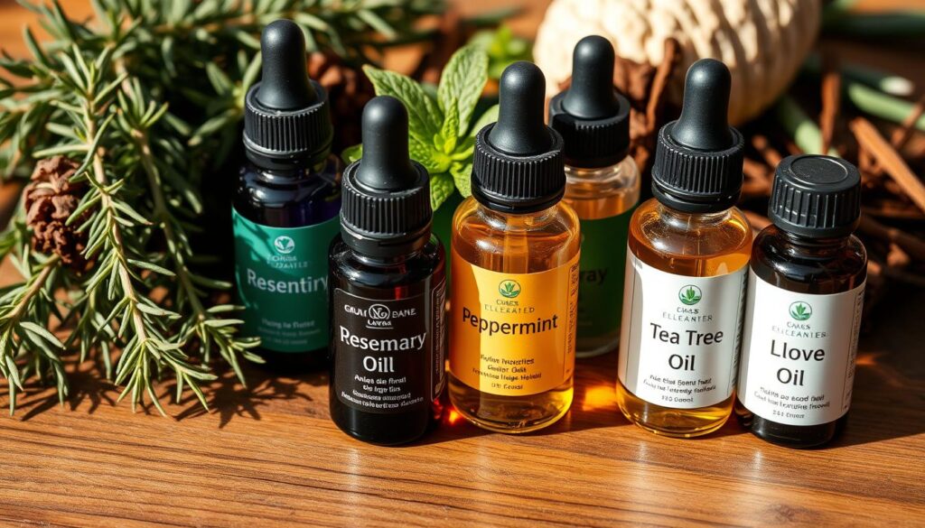 Detailed close-up of various essential oils arranged on a wooden table, including rosemary, peppermint, tea tree, and clove oils. The oils are presented in small glass bottles with dropper lids, showcasing their natural colors and textures. Soft, natural lighting illuminates the scene, casting gentle shadows and highlighting the rich, earthy tones of the oils. The arrangement conveys a sense of natural remedies and holistic wellness, evoking the essence of treating gum disease and bad breath through the use of these potent botanical extracts.