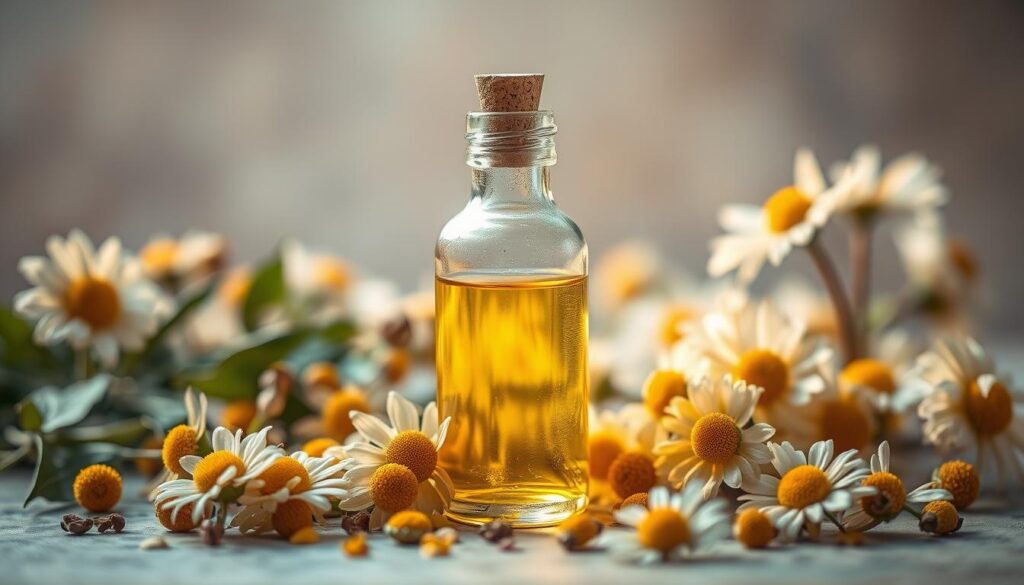 High-quality artistic photograph of a glass bottle filled with chamomile essential oil, set against a soft, blurred background of dried chamomile flowers and leaves. The bottle is illuminated by warm, diffused lighting, creating a natural, soothing atmosphere. The composition emphasizes the purity and potency of the oil, showcasing its golden hue and the delicate floral elements. The overall scene conveys a sense of wellness, tranquility, and the therapeutic benefits of chamomile essential oil.