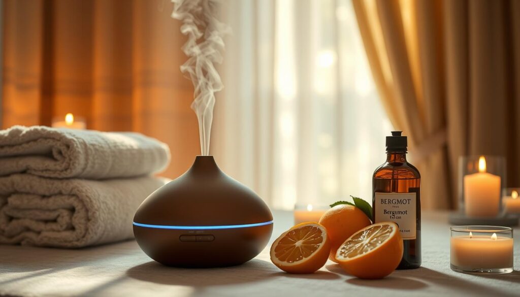 Warm-lit aromatherapy session with bergamot essential oil. A sleek diffuser device mists fragrant droplets into the air, casting a gentle glow. Bergamot citrus fruits sit nearby, their rinds glistening. Soft natural light filters through gauzy curtains, creating a relaxing, spa-like ambiance. Plush towels and candles accent the peaceful, restorative scene. Elegant glass bottles of bergamot oil stand ready for application, their labels indicating purity and quality. The overall mood is one of calm, balance, and wellness.