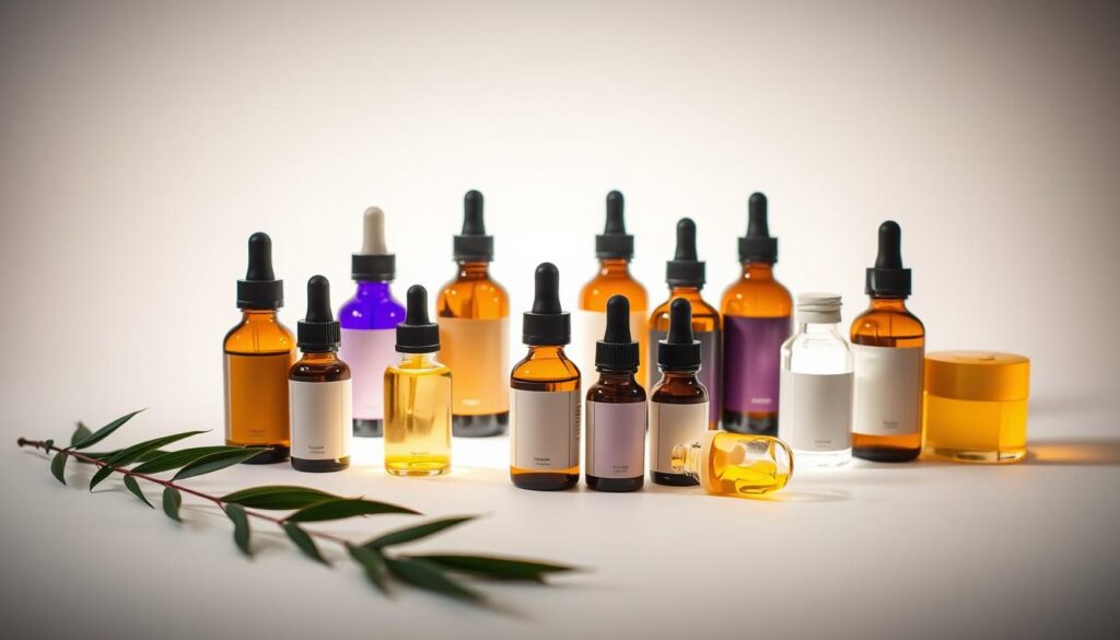 A beautifully lit still life arrangement showcasing an assortment of essential oil bottles in various shapes and sizes, set against a clean, neutral background. The bottles are positioned with care, their labels and droppers visible, conveying a sense of sophistication and professionalism. The lighting is soft and diffused, creating a warm, inviting atmosphere that highlights the vibrant colors and textures of the oils. In the foreground, a few scattered leaves or petals add a natural, organic touch, complementing the overall aesthetic. The composition is balanced and visually pleasing, inviting the viewer to explore the potential of these essential oils in the realm of aesthetic treatments.