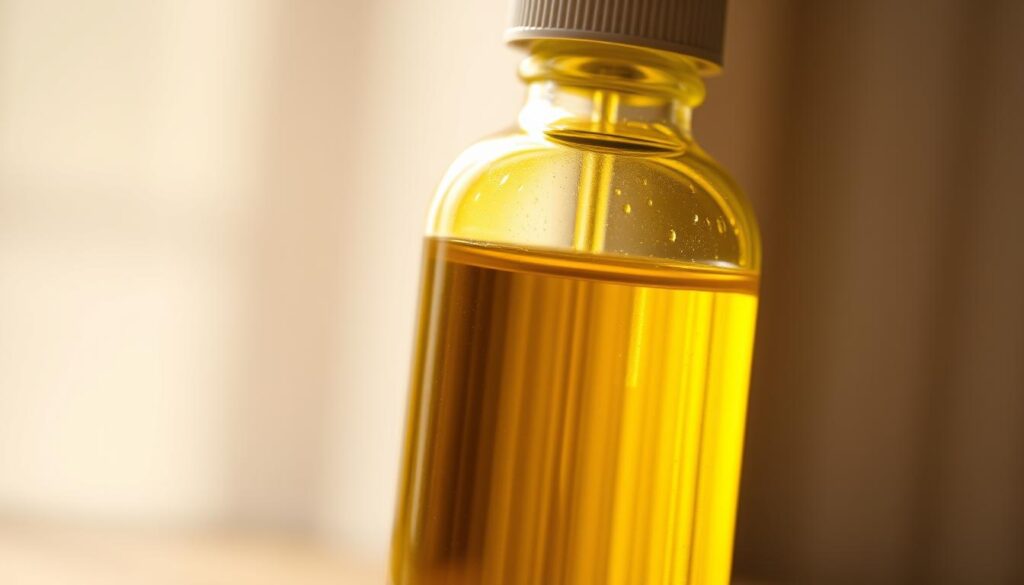A close-up photograph of a glass bottle filled with golden-yellow essential oil, backlit by soft, diffused natural light. The bottle has a simple, minimalist design with a dropper cap. The oil glistens and refracts the light, creating a warm, inviting atmosphere. The background is blurred, allowing the bottle to be the focal point. The overall composition emphasizes the purity, quality, and natural origins of the fenugreek essential oil.