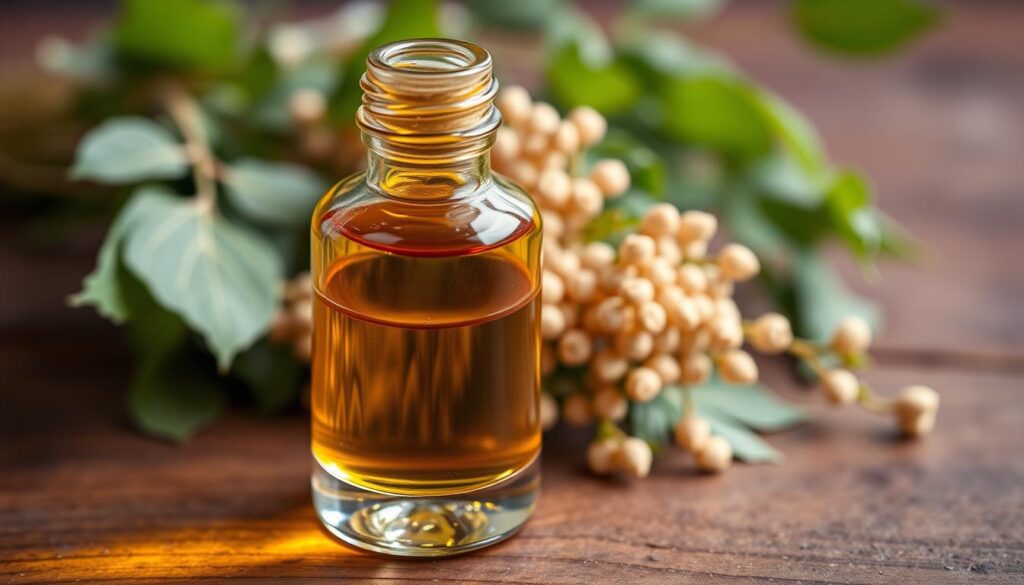 A glass bottle filled with golden-hued fenugreek essential oil, resting on a wooden surface. Soft, natural lighting illuminates the bottle, highlighting its elegant form and the warm, earthy tones of the oil. In the background, blurred yet recognizable, are bunches of fresh fenugreek leaves, their delicate green hues adding a sense of freshness and vitality. The overall composition conveys a sense of purity, wellness, and the gentle power of this versatile botanical ingredient.