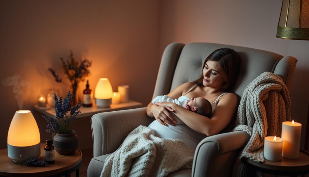 A serene, dimly lit room with a new mother resting comfortably in a plush armchair, surrounded by the gentle glow of essential oil diffusers and the tranquil aroma of lavender, ylang-ylang, and bergamot. Soft, warm lighting casts a soothing ambiance, as the mother gazes lovingly at her newborn child, cradled in her arms. In the background, a collection of herbal tinctures, aromatherapy candles, and a cozy knitted blanket convey a sense of self-care and healing in the postpartum period. The composition emphasizes the tranquility, intimacy, and nurturing atmosphere of this important phase of a woman's life.