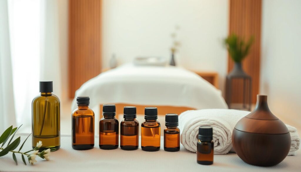 A tranquil spa setting featuring a serene arrangement of essential oil bottles, diffusers, and plush towels. The foreground showcases a selection of natural aromatherapy products against a soft, diffused lighting. In the middle ground, a massage table is draped with a crisp white sheet, inviting relaxation. The background depicts a serene, minimalist interior with natural wood accents, creating a calming, spa-like ambiance. The overall scene radiates a sense of rejuvenation and well-being, perfectly capturing the essence of aromatherapy in a spa environment.