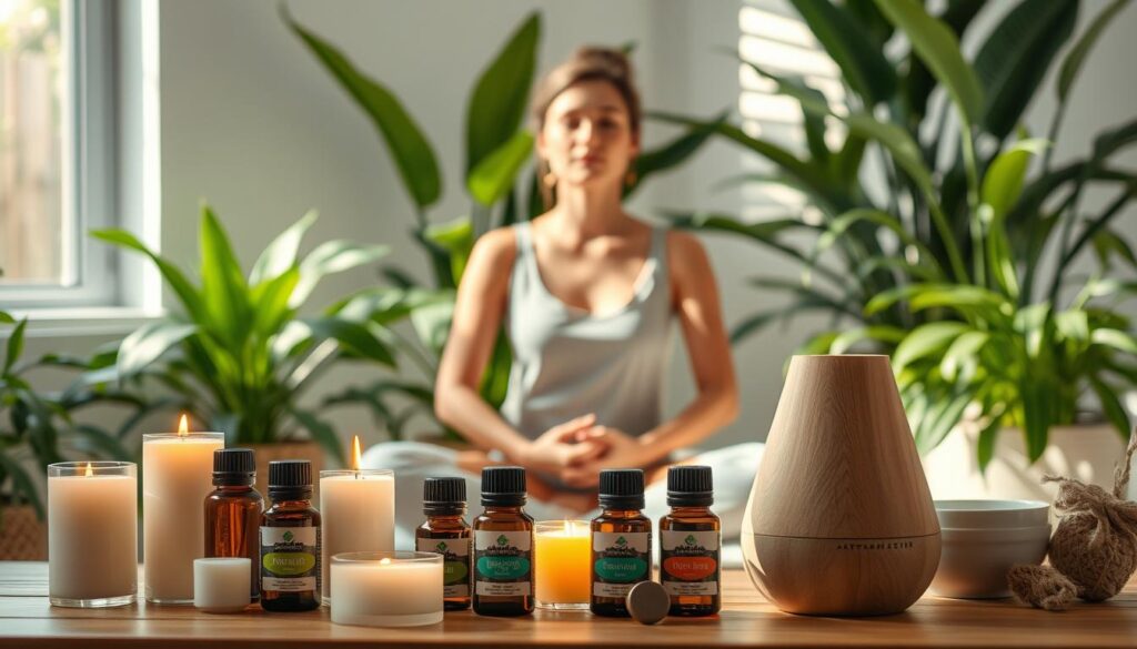 Aromaterapia para saúde feminina: a serene, natural-lit scene showcasing a woman's self-care routine. In the foreground, an array of essential oil bottles, candles, and a diffuser create a calming ambiance. In the middle ground, the woman sits cross-legged, eyes closed, hands resting on her lap, embodying a sense of inner peace and balance. The background features lush, verdant plants and soft, diffused lighting, evoking a spa-like atmosphere. The overall mood is one of tranquility, mindfulness, and holistic wellness, inviting the viewer to imagine themselves partaking in this personalized aromatherapy practice.