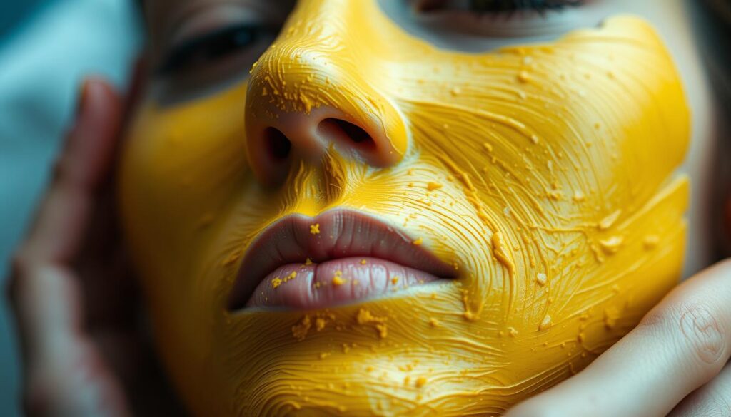 A close-up of a yellow clay face mask, meticulously crafted with intricate texture and natural hues. The mask is gently applied to the skin, its rich, earthy tone complementing the subject's complexion. Soft, diffused lighting illuminates the mask's surface, highlighting its subtle variations and capturing the essence of a soothing, rejuvenating skin treatment. The background is blurred, allowing the mask to be the focal point, showcasing its restorative properties and the care taken in its application. The overall mood is one of relaxation, self-care, and the nurturing power of natural ingredients.