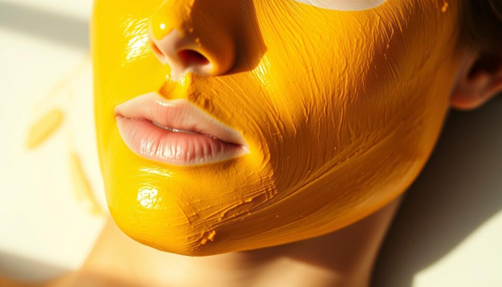 A close-up view of a yellow clay face mask, evenly applied to the skin with a smooth, creamy texture. The mask is resting on a neutral, minimalist background, allowing the vibrant, golden hue to be the focal point. Soft, diffused lighting from the side casts gentle shadows, highlighting the mask's natural sheen and the healthy, rejuvenated appearance of the skin beneath. The overall atmosphere conveys a sense of relaxation, self-care, and the revitalizing benefits of this natural beauty treatment.