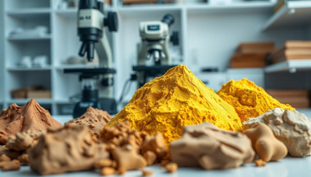 A detailed comparison of various clay types, including vibrant yellow clay, shown in a well-lit scientific laboratory setting. The foreground features carefully arranged samples of different clays, with their distinct textures and colors highlighted. The middle ground showcases a professional-grade microscope or analysis equipment, conveying a sense of scientific inquiry. The background subtly blends clean, minimalist shelves and equipment, creating a serene, focused atmosphere conducive to examination and study. Soft, directional lighting emphasizes the nuances and unique properties of each clay specimen, inviting the viewer to appreciate the diversity and applications of these natural materials.
